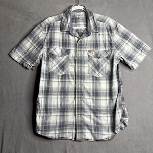 Carhartt Short Sleeve Pearl Snap Shirt Men's Size Large Gray Green Blue Plaid